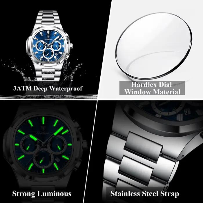 POEDAGAR homme d'affaires montre-bracelet Date chronographe étanche lumineux luxe hommes montre en acier inoxydable