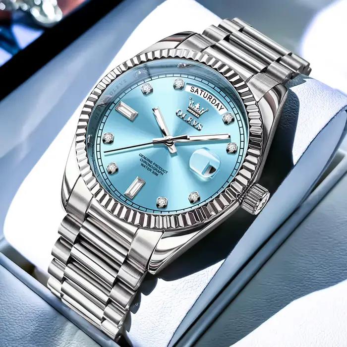 OLEVS bleu ciel hommes horloge automatique mécanique Date semaine luxe homme montre-bracelet étanche lumineux en acier