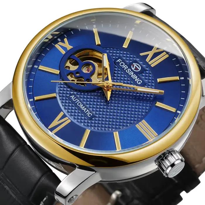 Montre Forsining Squelette Mécanique Hommes Cadran Bleu Cuir Affaires Automatique Luxe Nouvelle Occasions Spéciales