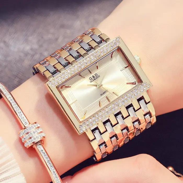 Montre rectangulaire G&D en acier inoxydable avec mouvement à quartz pour femmes occasions spéciales