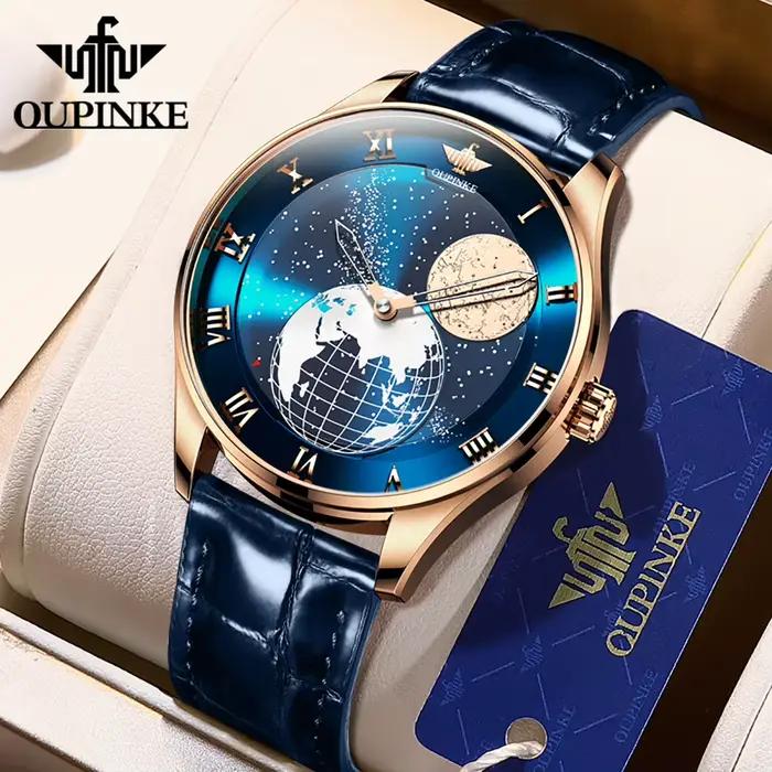 Montre mécanique de luxe OUPINKE avec cadran rotatif 3D Earth Starry Star résistante à l'eau pour homme occasions spéciales romantique et robuste
