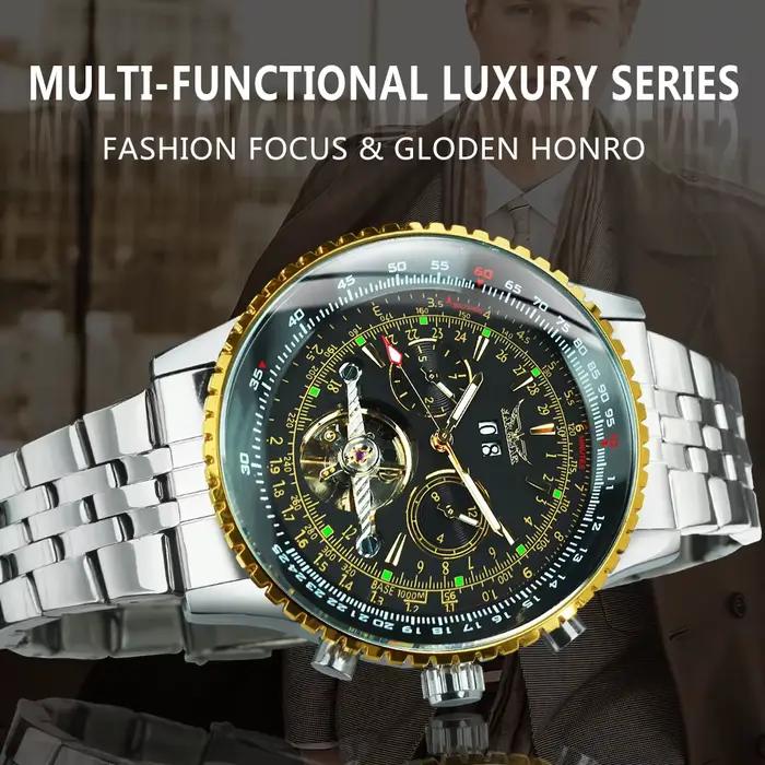 Jaragar montre automatique de sport militaire pour hommes multifonction Tourbillon squelette montres mécaniques bracelet en cuir en acier de luxe