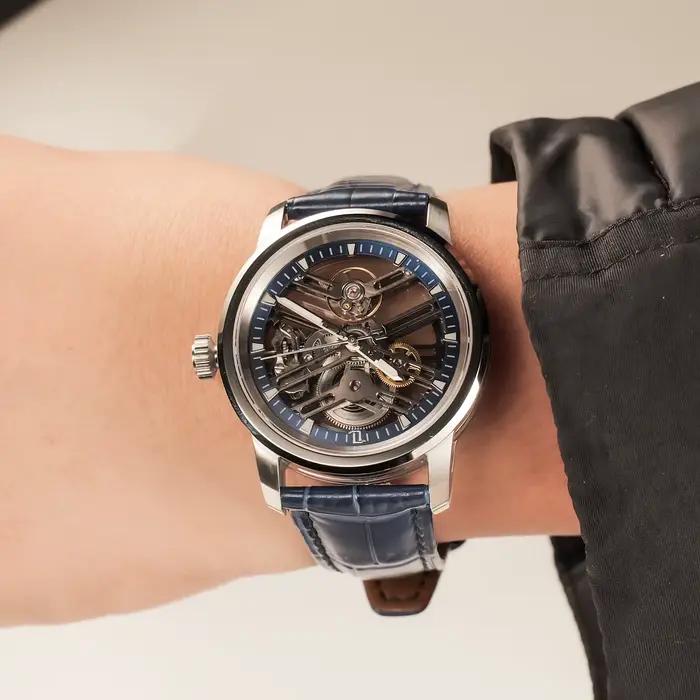 OBLVLO nouveau évider Transparent mécanique automatique hommes montre bleu squelette cadran bracelet en cuir lumineux classique montres KM-S