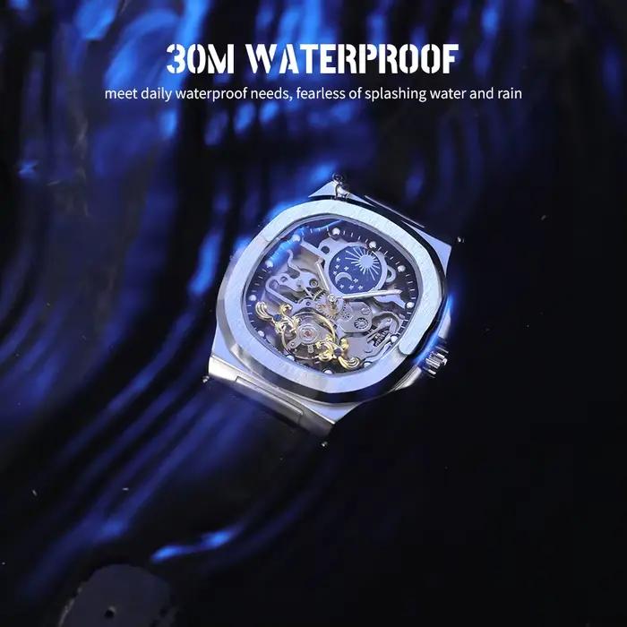2025High-end luxe SKROX carré homme montre saphir Tourbillon acier squelette Phase de lune mouvement automatique en cuir hommes montres