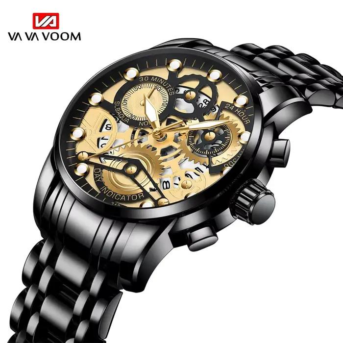 VA VA VOOM marque hommes montre 41mm à la mode cadran creux 3Bar étanche noir en acier inoxydable mouvement à Quartz homme montres reloj