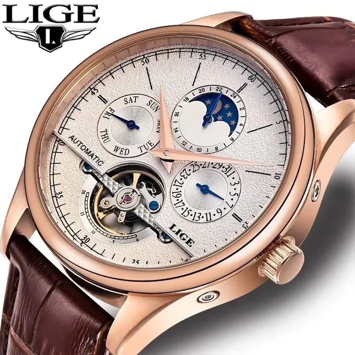 LIGE hommes montres automatique montre mécanique Tourbillon horloge en cuir véritable