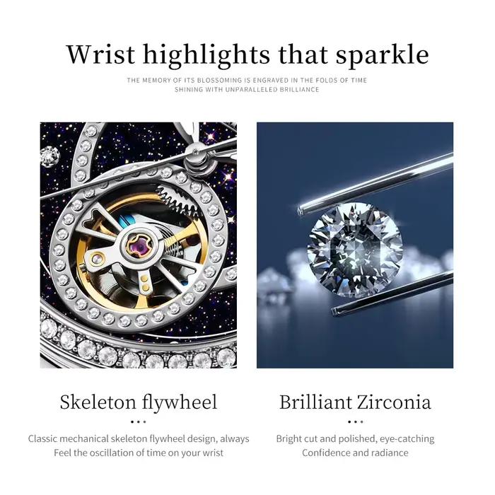 Montre de luxe mécanique automatique pour femme avec incrustations de diamants et design étoilé pour occasions spéciales et cadeaux