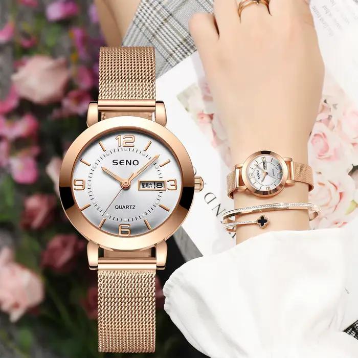 UTHAI H55 montre à Quartz pour femmes mode grand chiffre horloge lumière luxe bracelet en acier inoxydable étanche calendrier lumineux cadeau
