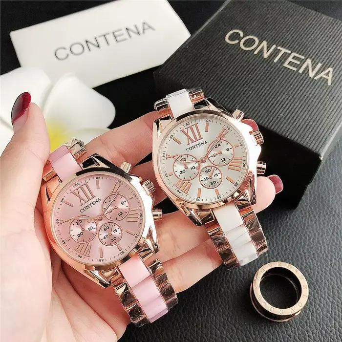 Top marque de luxe or Rose Quartz montre pour femme dames