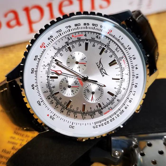 JARAGAR pilote montre automatique pour hommes militaire multifonction sous-cadrans montres mécaniques Top marque de luxe bracelet en cuir horloge