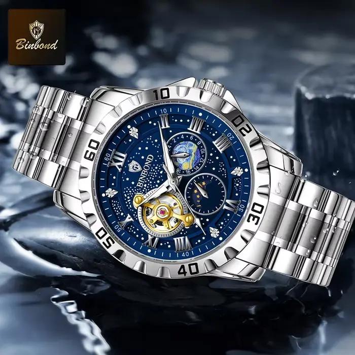 BINBOND Top luxe hommes montre mécanique automatique Phase de lune homme montre-bracelet creux Tourbillon acier