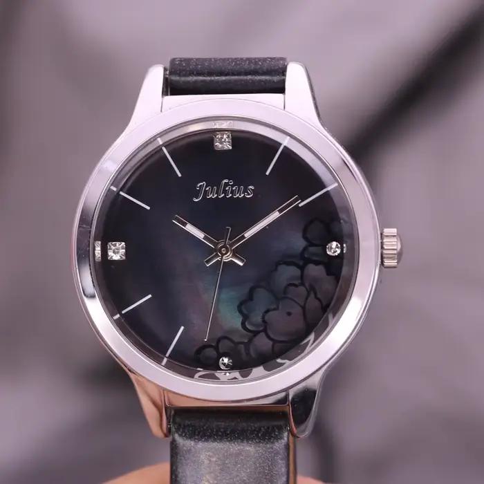 Montre pour femme Julius en nacre avec motif de fleurs roses et bracelet en cuir véritable