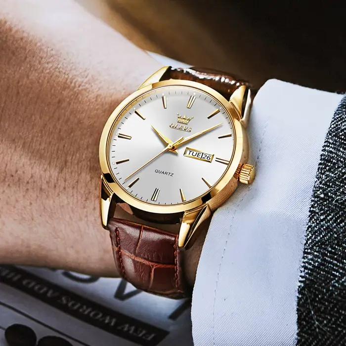 Montre homme OLEVS 6898 en acier inoxydable avec bracelet en cuir résistant à l'eau pour occasions formelles et décontractées
