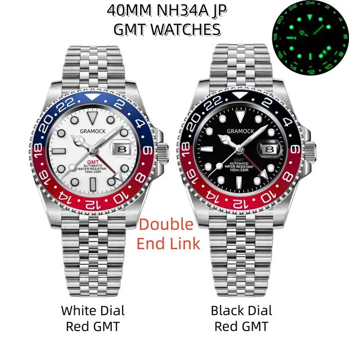 Gramock 40mm cadran blanc noir rouge GMT montre pour hommes montre-bracelet mécanique vert lumineux Date saphir acier plongée Reloj Hombre