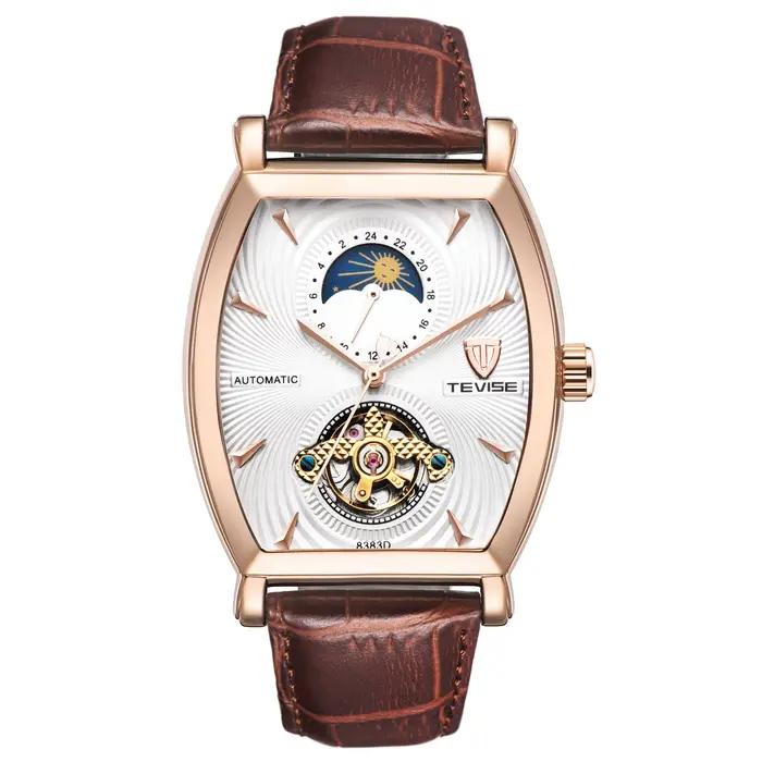 Montre mécanique automatique forme tonneau élégante avec phase de lune et squelette pour homme occasions spéciales professionnelle décontractée