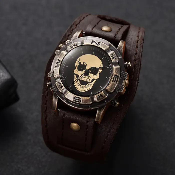 Montre-bracelet à quartz homme bracelet cuir vintage cadran grand style hip-hop occasionnels spéciaux