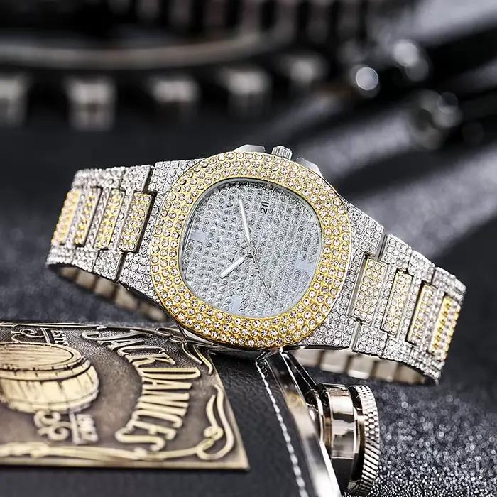 Montre-bracelet en or et argent glacé pour femme diamant carré quartz horloge romaine cadeau occasion spéciale bronze café multicolore rose
