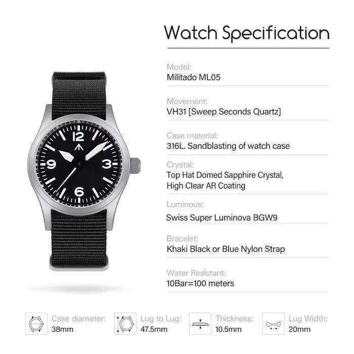 Militado nouveau ML05 balayage secondes mouvement VH31 saphir Super-LumiNova BGW9 haute transparence AR revêtement 38mm montres Vintage