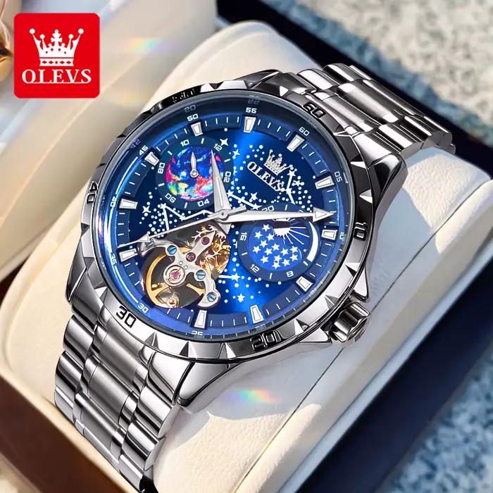 OLEVS volant squelette montre automatique pour hommes lumineux ciel étoilé étanche montre-bracelet d'affaires