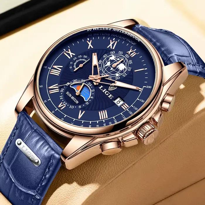 LIGE – montre-bracelet en cuir bleu pour hommes