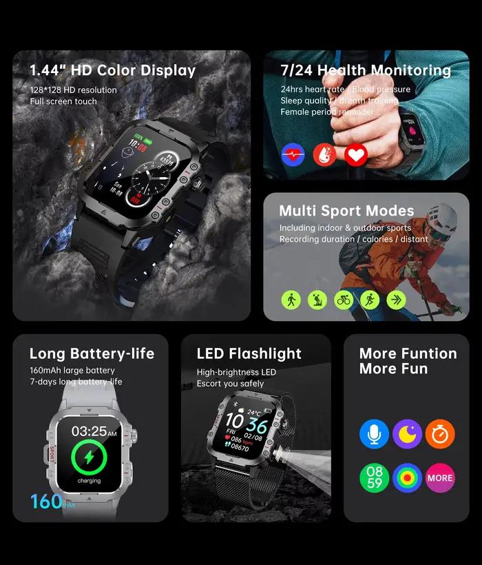 Montre connectée militaire COTAUL avec GPS, suivi sportif et santé, rappel d'appel et message, cadrans personnalisables pour hommes occassions spéciales