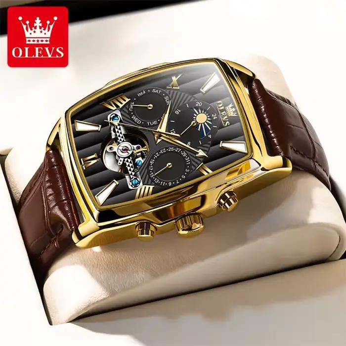 OLEVS luxe cadran rectangulaire montres mécaniques étanche en cuir automatique montre lumineuse hommes d'affaires relogios masculino