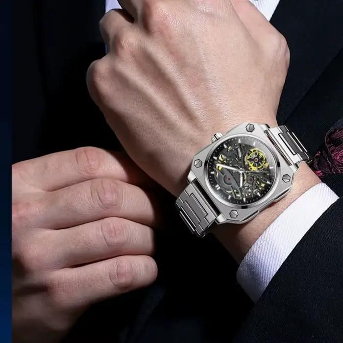 Montre mécanique squelette BLUO en acier inoxydable pour homme, résistante à l'eau et lumineuse, idéale pour les affaires et les soirées élégantes