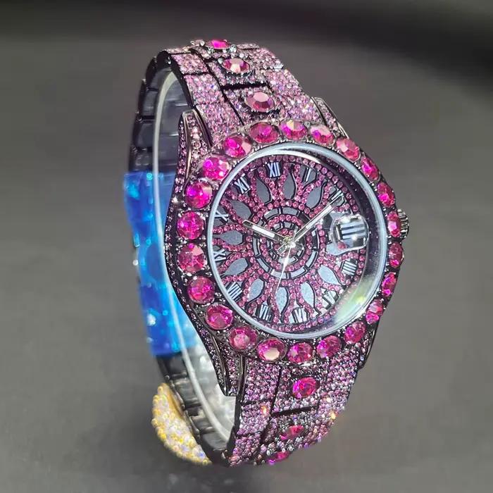 Vente chaude Rose glace montre pour hommes marque de mode MISSFOX Hip Hop plein diamant luxe bijoux Quartz montre-bracelet homme nouveau 2025