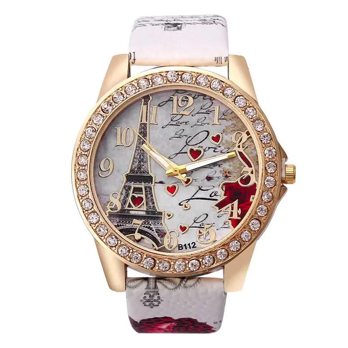 Montre à Quartz en Cuir PU avec Tour Eiffel et Strass pour Femmes Occasions Spéciales Mode Élégante