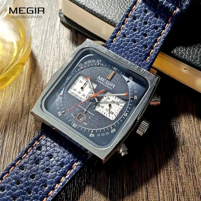 MEGIR 2182 cadran carré montre à Quartz pour hommes mode et élégant Date d'affaires chronographe bleu noir bracelet en