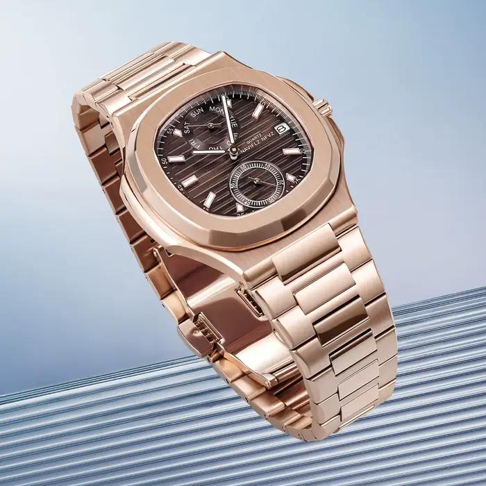 NAVIFLZ NFVZ 2025 Nouvelle Montre Classique Homme Or Rose Marron Montre à Quartz de Luxe pour Homme en Acier Inoxydable avec Verre Saphir
