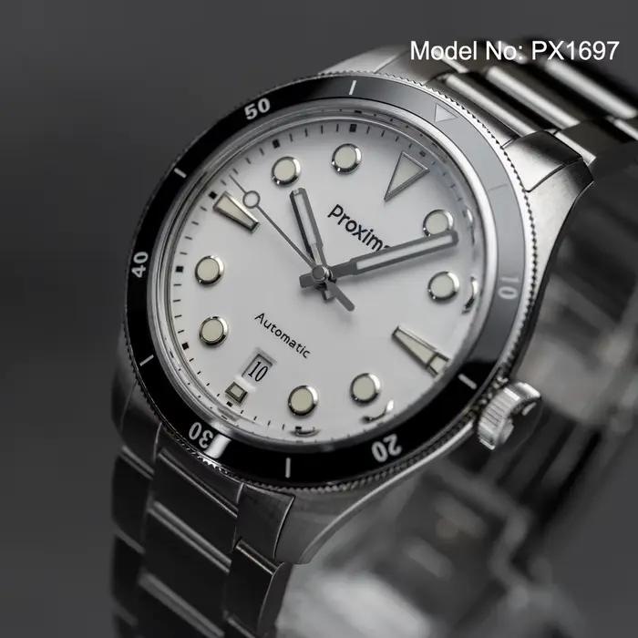 Montre Mécanique Vintage Proxima avec Bracelet en Acier 316L et Dial en Émail Blanc pour Occasions Spéciales et Usage Daily