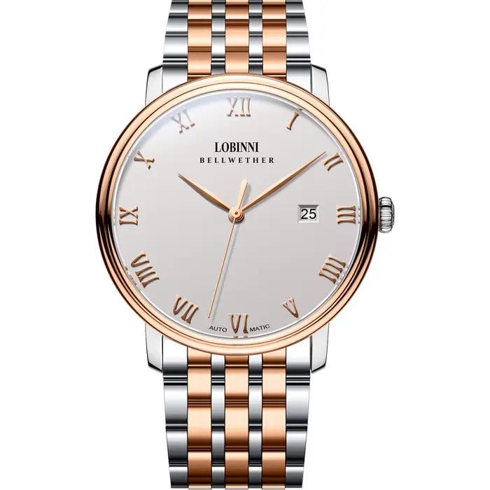 Montre-bracelet LOBINNI12033 automatique en acier inoxydable avec bracelet en cuir pour homme résistante à l'eau et avec calendrier complet pour différentes occasions