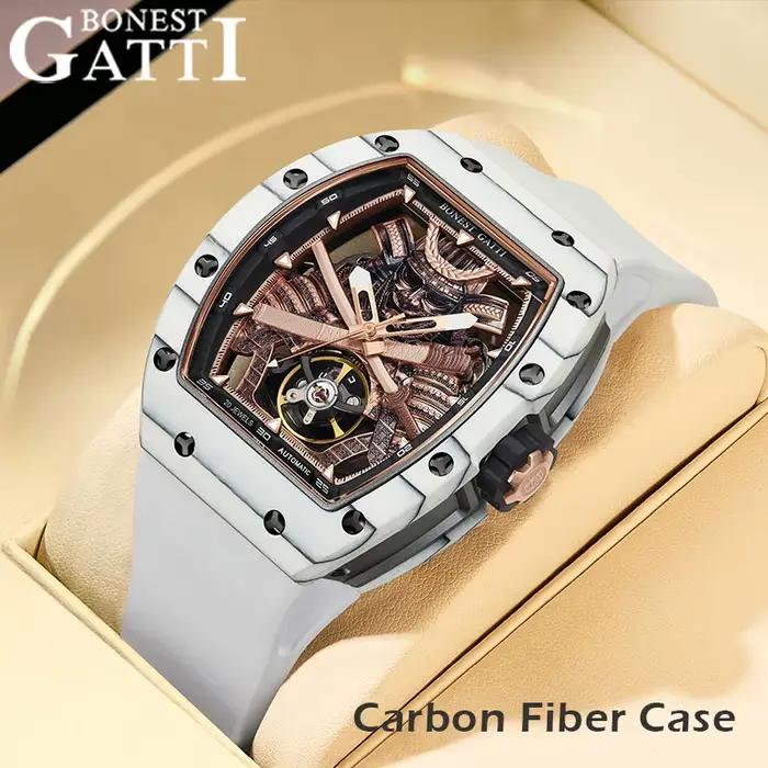 Montre automatique BONEST GATTI avec tourbillon et design squelette pour hommes, résistance à l'eau et bracelet en caoutchouc, parfait pour les occasions spéciales et le quotidien
