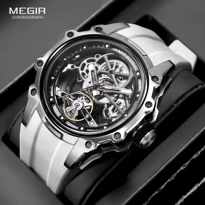 Montre mécanique MEGIR à cadrain squelettique avec bracelet en silicone pour homme, résistante à l'eau, style mode et casual