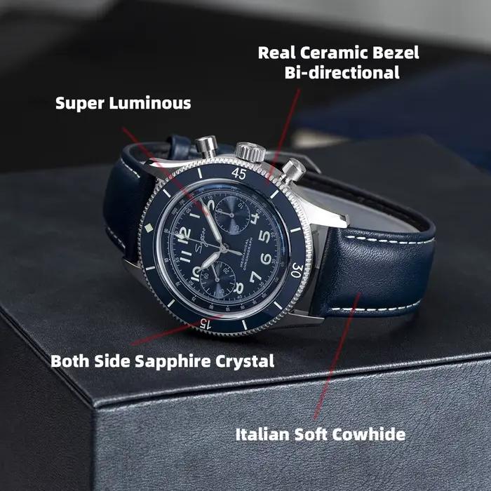 Montre SUGESS Pilote Hommes Chronographe Mécanique Squelette Lumineux Cristal Saphir Cuir Occasions Spéciales
