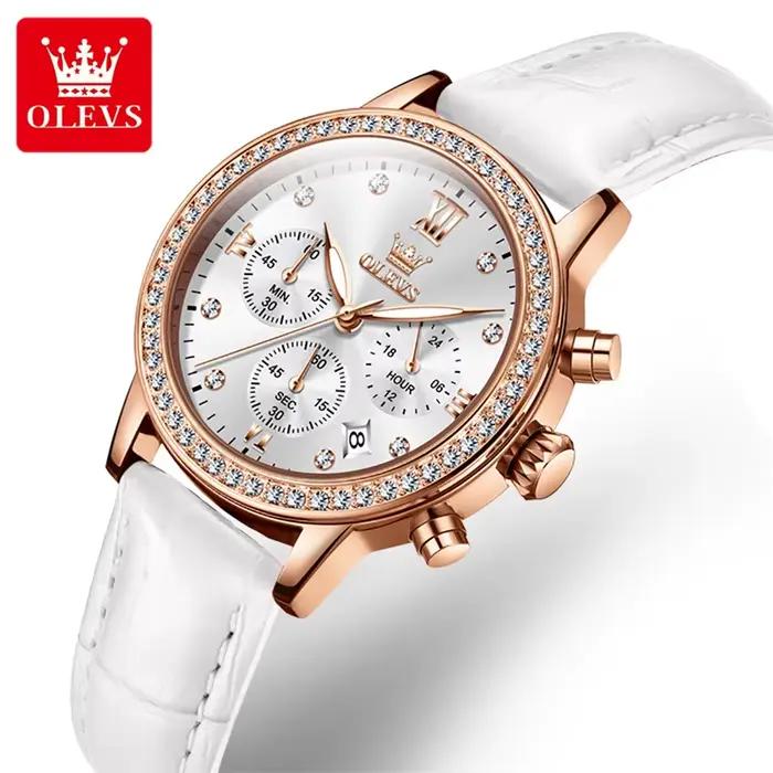 OLEVS mode diamant montres pour femmes marque de luxe boîtier en or Rose dames montre à Quartz bracelet en cuir blanc reloj para mujer