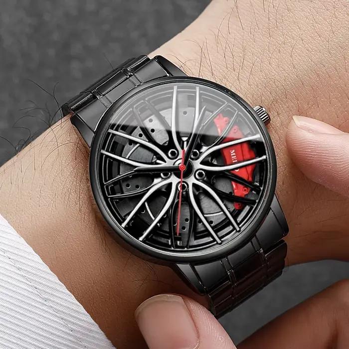 Mode hommes montres de sport 3d roue de voiture bracelet en acier inoxydable montre-bracelet