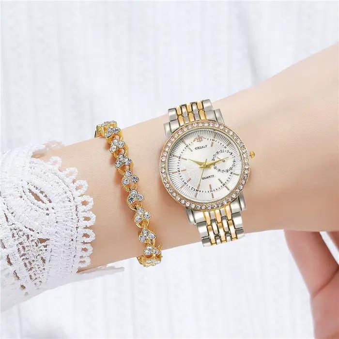 Montre Femme Élégante Bicolore Cristal Bracelet Acier Montre à Quartz