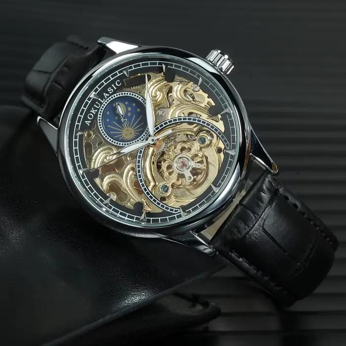 AOKULASIC Tourbillon hommes montres haut de gamme de luxe squelette automatique montre mécanique bracelet en cuir décontracté Phase solaire mâle horloge