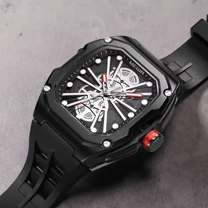 Montre mécanique Daniel Gorman Megir 8607 édition limitée homme squelette boîtier alliage bracelet silicone résistante à l'eau pour occasions spéciales