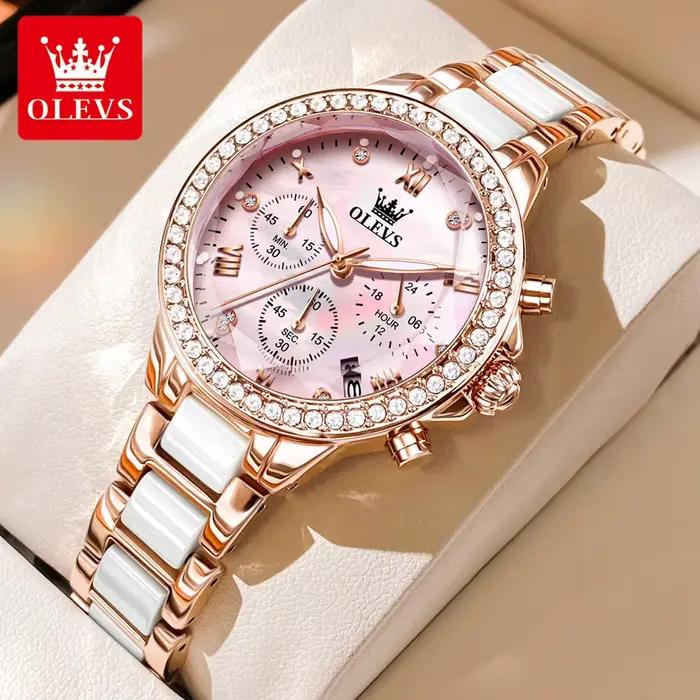 Montre OLEVS Quartz Élégante avec Fonction Chronographe et Calendrier Complet Bracelet Acier Inoxydable pour Femmes Occasions Spéciales