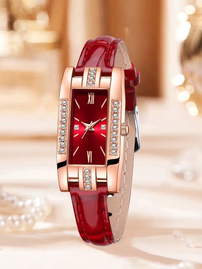 Montre rectangulaire pour femme avec bracelet en cuir incrusté de diamants en or rose