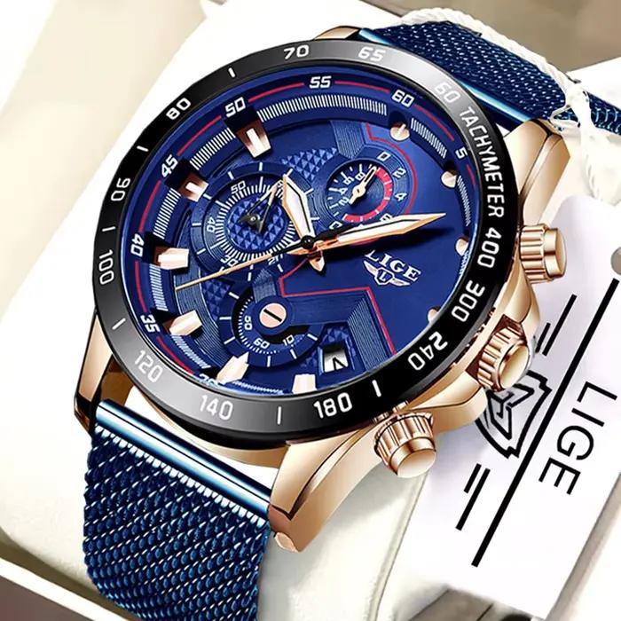 LIGE hommes montres Top marque de luxe mode montre-bracelet Quartz horloge bleu montre