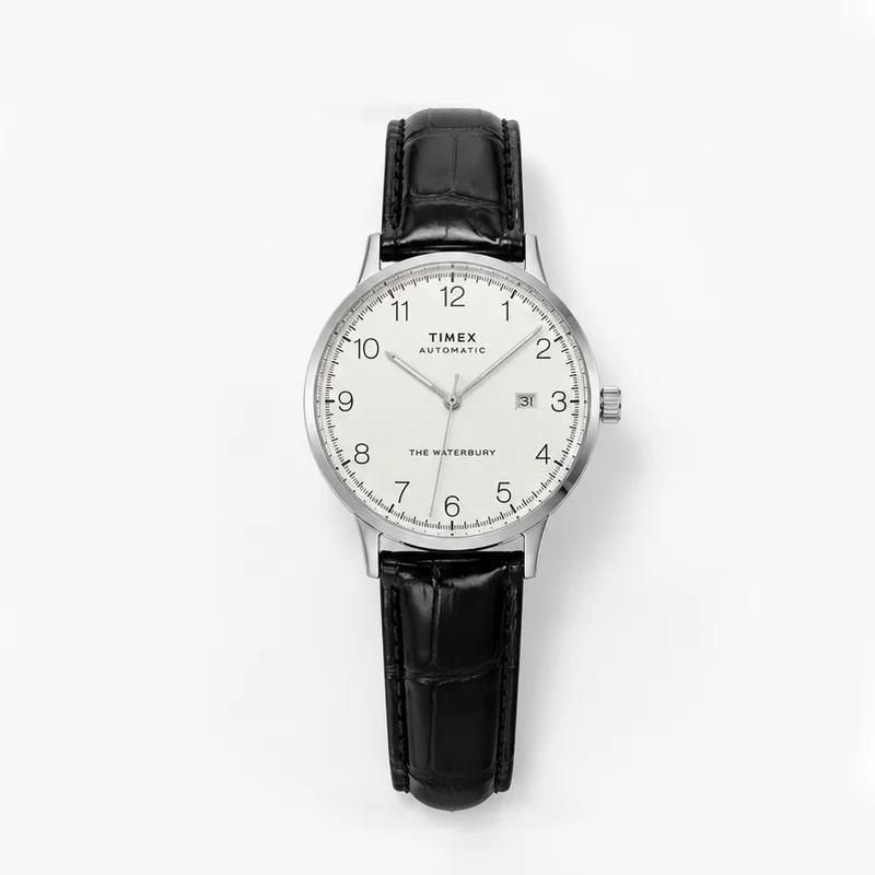 Montre mécanique automatique vintage Timex The Waterbury pour homme, cadran noir et blanc, bracelet 