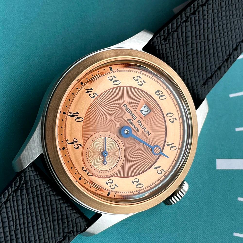 Pierre Paulin montre d'heure sautante pour hommes anneau en Bronze Vintage cadran saumon montres aut