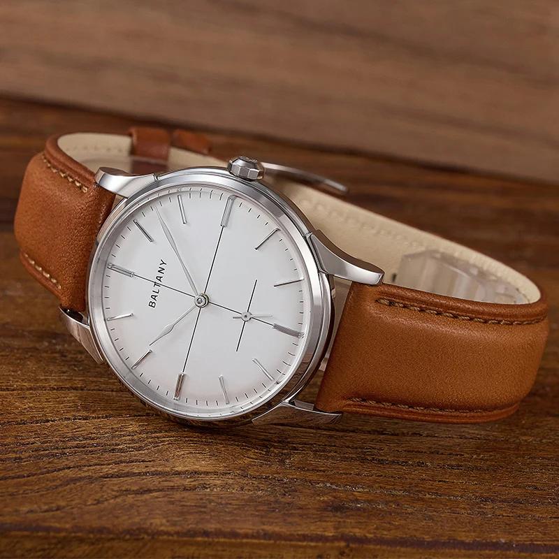 Baltany hommes PIlot montre 38.5mm rétro mécanique montre-bracelet saphir 50m étanche petit deuxième