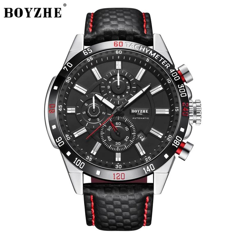 BOYZHE Original montre pour hommes affaires sport bracelet en cuir montre mécanique étanche lumineux