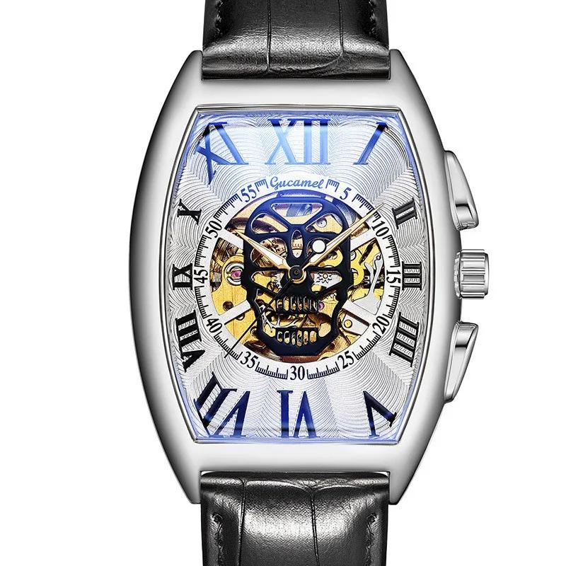 Montre Mécanique existent Creuse pour Homme, Bracelet en Cuir, Tourbillon Tonneau Crâne, Cadeau Homm