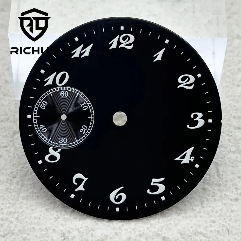 Cadran de montre RICHUS 37 mm, noir et blanc, avec aiguilles luminescentes vertes, mouvement ETA 649